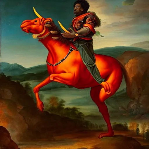 Image similar to photograph of a black man with afro hair wearing an army green adidas jacket riding an orange colored bull!!, renaissance style painting