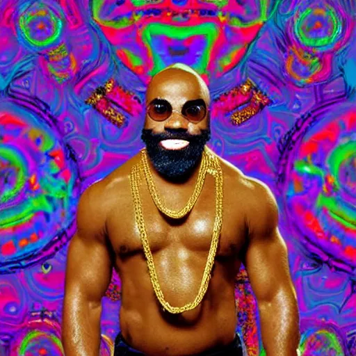 Prompt: a portrait photograph of joe rogan as mr. t wearing many gold chains with a psychedelic dmt background