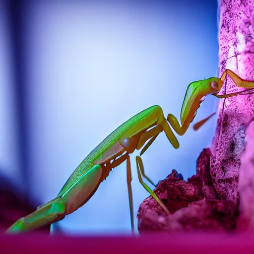 Image similar to cinematic photo of a beautiful albino praying mantis lit with saturated split colour blue and dusty pink lighting serving drinks in a grotto restaurant