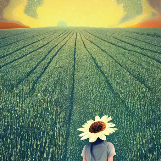 Image similar to giant daisy flowers as a head, girl walking in wheat field, hills, surreal photography, dark night, star trails, impressionist painting, dramatic clouds, digital painting, artstation, simon stalenhag