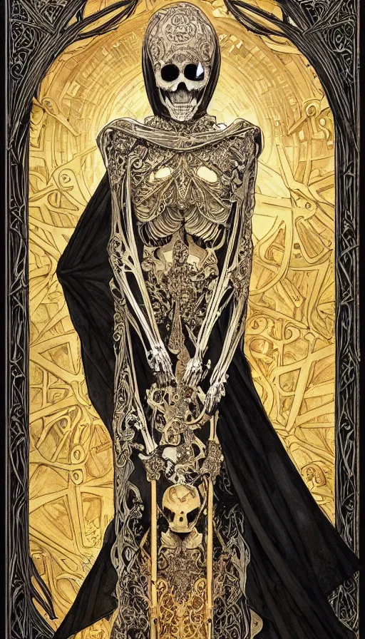 Image similar to a skeleton in a black cloak, highly detailed, very intricate, art nouveau, gold filigree, left right symmetry, tarot concept art watercolor illustration by mandy jurgens and alphonse mucha and alena aenami, featured on artstation