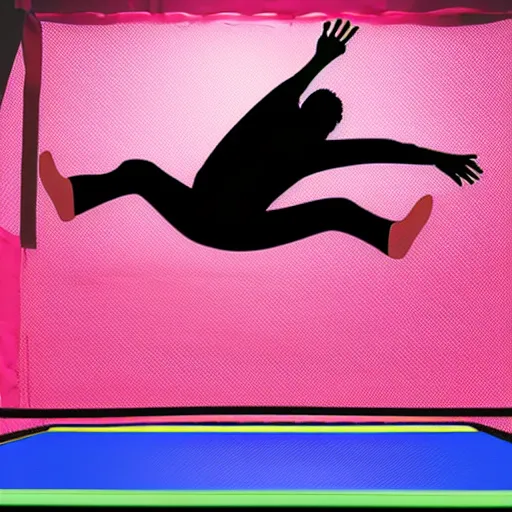 Prompt: silhouette of a man falling from a high surface onto a trampoline in a trampoline park, realistic, detailed, accurate, colorful.