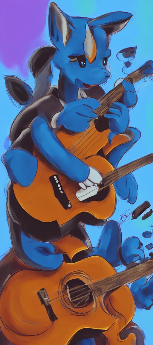 Image similar to lucario playing guitar at a concert, portrait full body, digital art, high quality, detailed, beautiful colors, mesmerizing