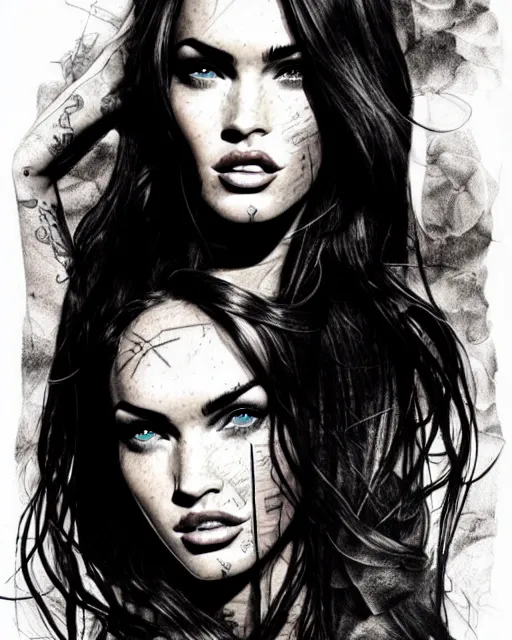 Image similar to double exposure portrait of megan fox with a mountain background, tattoo design sketch, in the style of matteo pasqualin, amazing detail, sharp