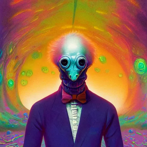 Image similar to Hyperdetailed psychedelic horror fantasy portrait of Mr Flibble by Wayne Barlowe and Beeple, vivid color, album cover,