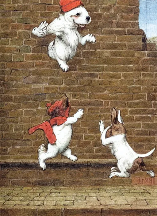 Image similar to jack russel terrier jumping on brick structure, illustrated by peggy fortnum and beatrix potter and sir john tenniel