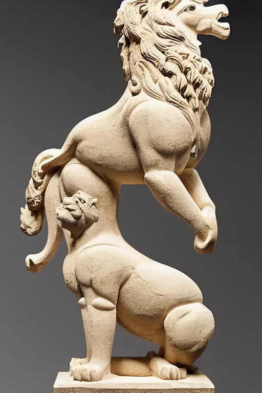 Image similar to ortographic view of a stone sculpture of a lion horse bird chimera sitting on a pedestal with intricate carvings and fine detail