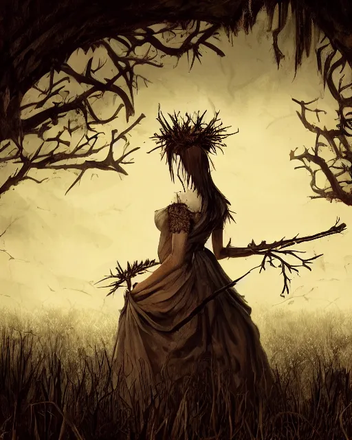 Prompt: Digital painting of a desperate looking bride wearing a crown of thorn, southern gothic scene, typical louisiana background, dark concept art in the style of the videogame Hunt Showdown, digital art, highly detailed, intricate, sharp focus, Trending on Artstation HQ, deviantart, 4K UHD image