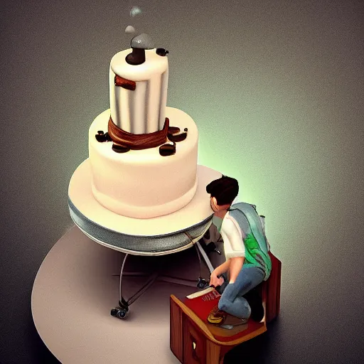 Prompt: a sad engineer making the perfect cake but failing, surreal, vivid, artstation, sharp focus