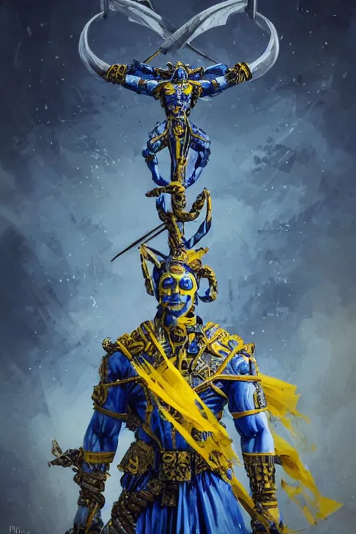 Image similar to a distant shot from below of a Ukrainian super soldier with blue and yellow flag behind him and a trident symbol on the chest standing alone on a huge pile of skulls posing as a winner, masculine muscular figure, D&D, fantasy, intricate, elegant, highly detailed, extremely detailed, digital painting, artstation, concept art, matte, smooth, hyper realistic, sharp focus, illustration, art by Artgerm and Greg Rutkowski and Alphonse Mucha