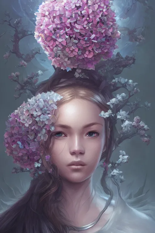 Prompt: hydrangea flower, d & d, fantasy, portrait, highly detailed, headshot, digital painting, trending on artstation, concept art, sharp focus, illustration, art by artgerm and greg rutkowski and magali villeneuve