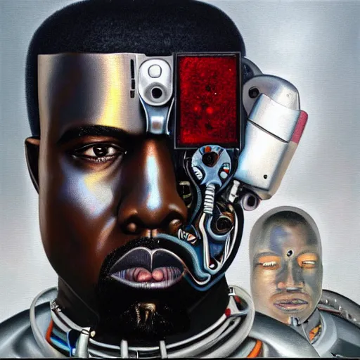 Prompt: a realistic oil painting of a cybernetic kanye west cyborg, surrealism portrait, surrealism album cover