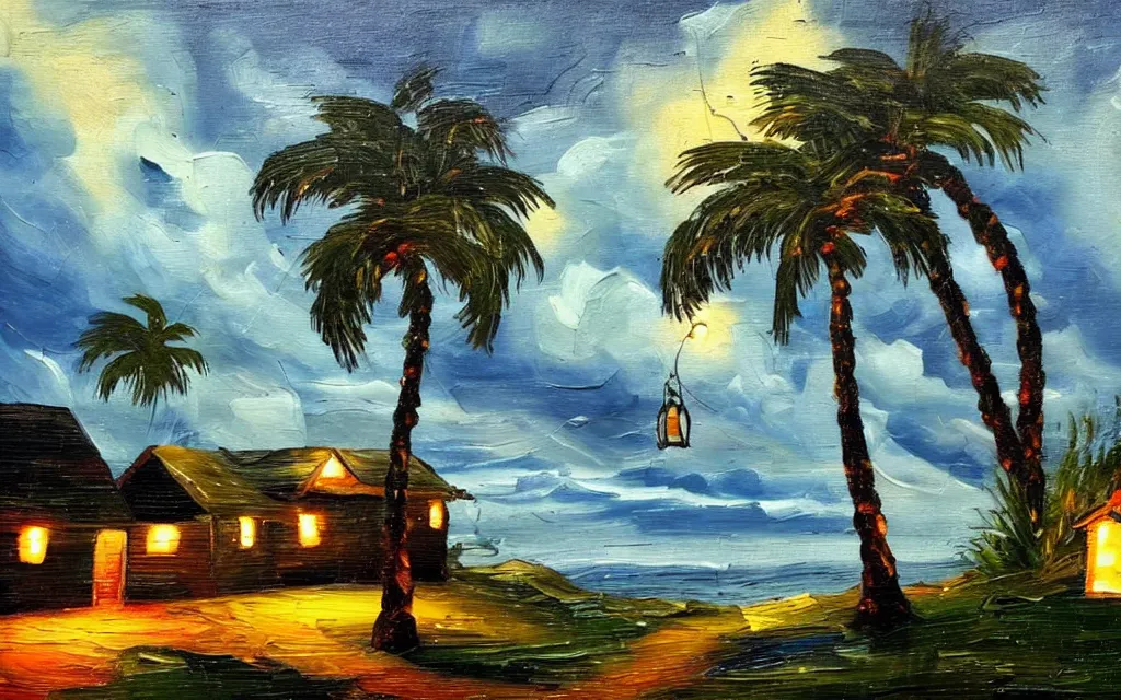 Image similar to a very very small island! with a paved patio!!, cute cozy large cottage!! and string lights!!!, palm trees, dark very late evening cloudy, dramatic and dynamic lighting, thick brush strokes oil impasto painting