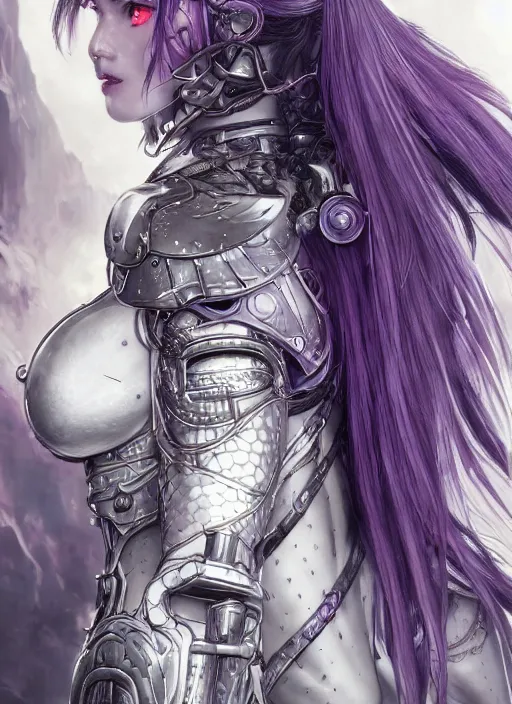 Image similar to close up portrait of a pale woman in bionic armor with purple ponytail hair, elegant, stoic, intense, sylvanas, ultrafine hyperdetailed illustration by kim jung gi, irakli nadar, intricate linework, sharp focus, octopath traveler, yoji shinkawa, highly rendered, global illumination, radiant light, detailed, intricate environment