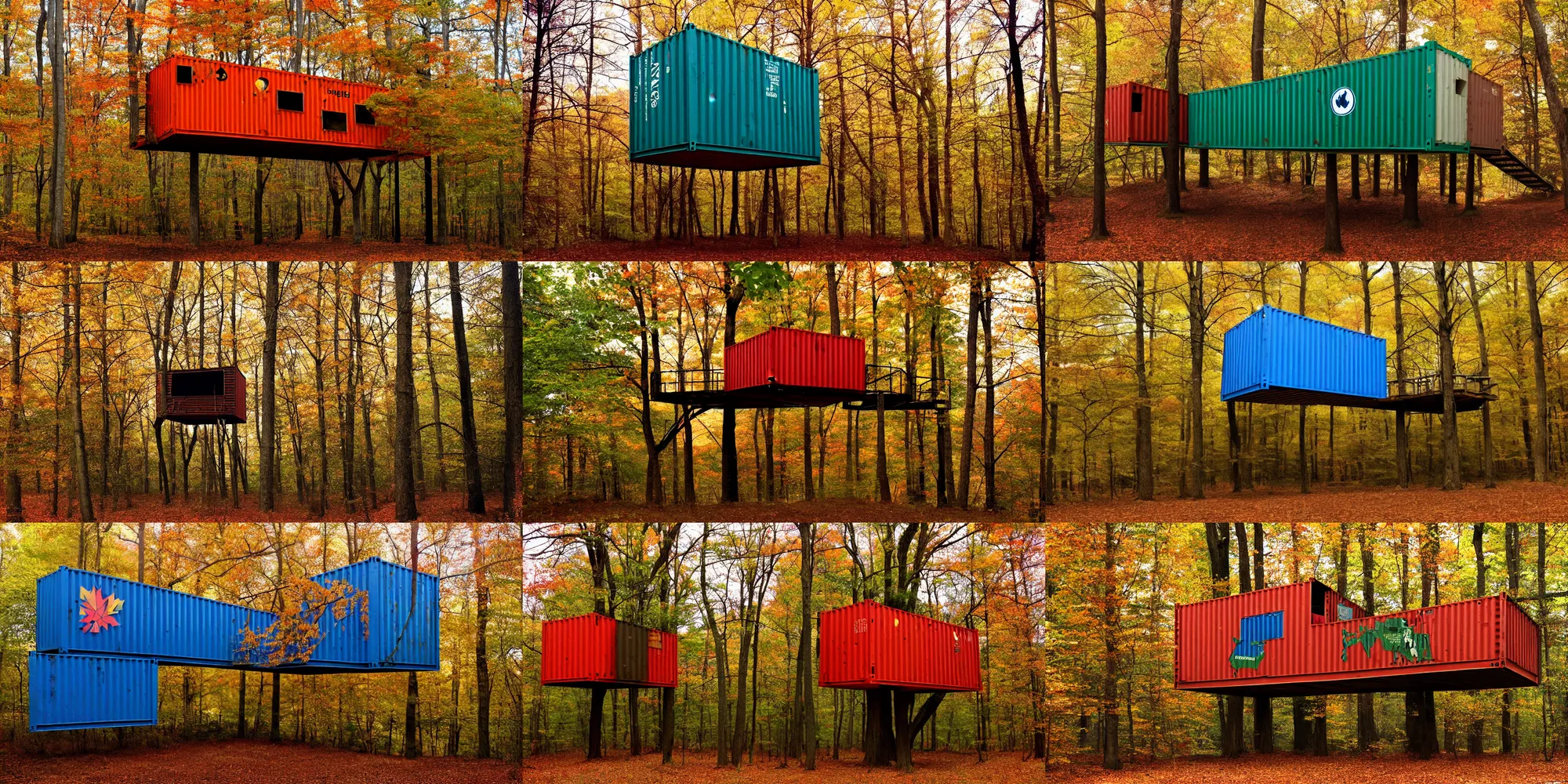 Prompt: treehouse made of a shipping container, william penn state forest, autumn, trending on artstation