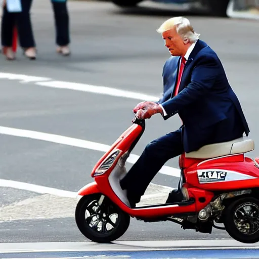 Prompt: donald trump riding a big wheels scooter riding away from chasing police cars