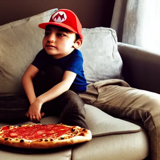 Prompt: Super Mario sitting on the couch eating pizza