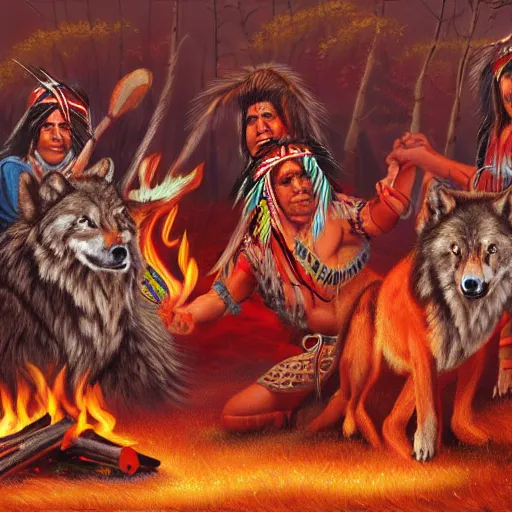 Image similar to Native american dancing around a fire with wolves, hd, intricate, 8k, digital art