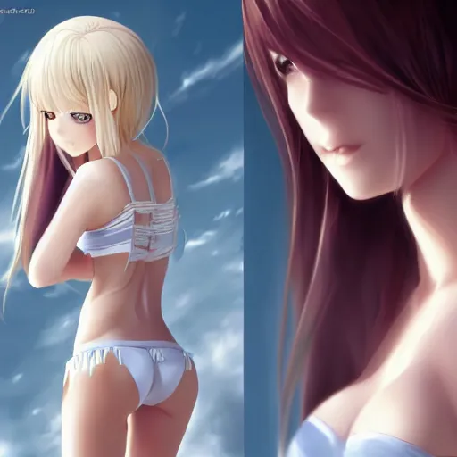 Image similar to picture : a beautiful young blond anime girl, sky blue eyes, bikini, white miniskirt, highly detailed, cinematic wallpaper by stanley artgerm lau