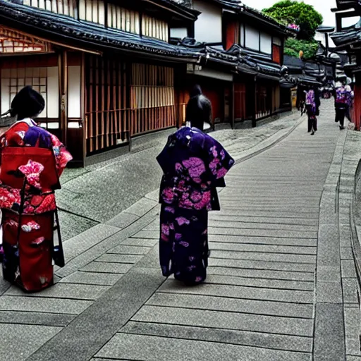 Image similar to a realistic photo of 2 japanese demons walking through kyoto, scary, realistic, high detail,