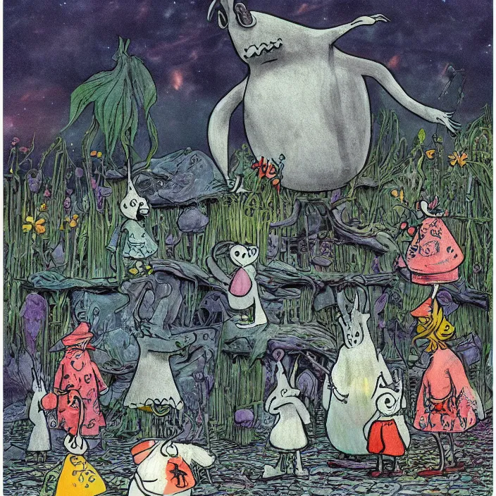 Prompt: moomins, photorealism by h. r. giger, tim burton, full colour spectrum, iridescent specular highlights, supersampled, 8 k, beautify