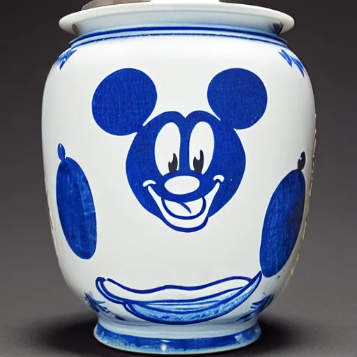 Image similar to a delft blue vase with a happy mickey mouse depicted on it ; extremely detailed ; f / 1. 4, 9 0 mm