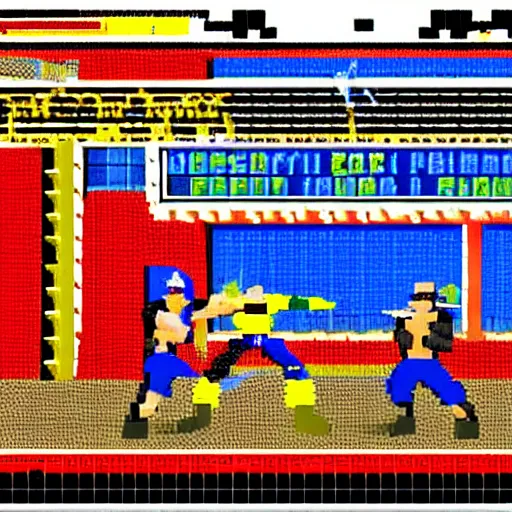 Prompt: mortal kombat match on the pit stage between bing crosby and frank sinatra, 1 6 bit graphics, pixellated, detailed