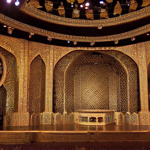 Prompt: a magnificent majestic gigantic arabian theather stage with a lot of mudejar decorations and golden ornaments with blue