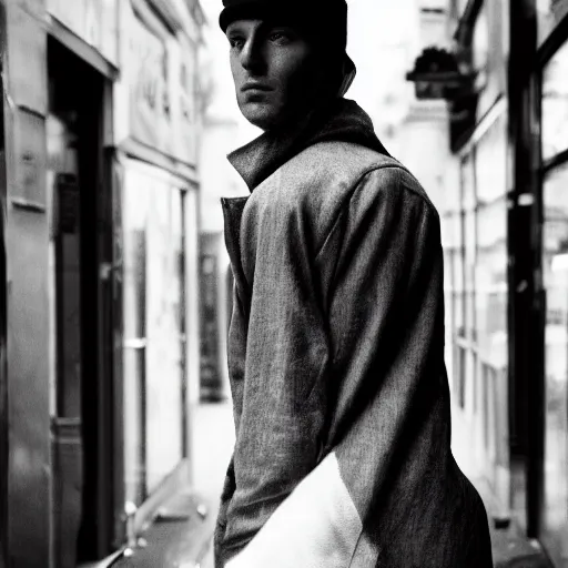 Prompt: black and white fashion photograph, highly detailed portrait of a depressed white drug dealer on a busy Paris street, detailed face looking into camera, eye contact, natural light, rain, mist, lomo, fashion photography, film grain, soft vignette, sigma 85mm f/1.4 1/10 sec shutter, Daren Aronofsky film still promotional image, IMAX 70mm footage