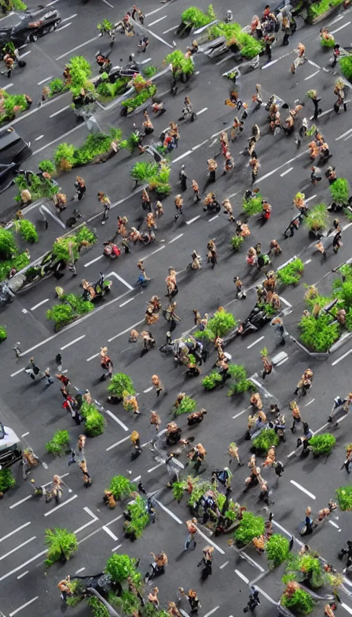 Image similar to hundreds people running away from the catzilla. trending on artstation. realistic cinematography, photorealistic, photography, wide shot from the drone, aerial photo