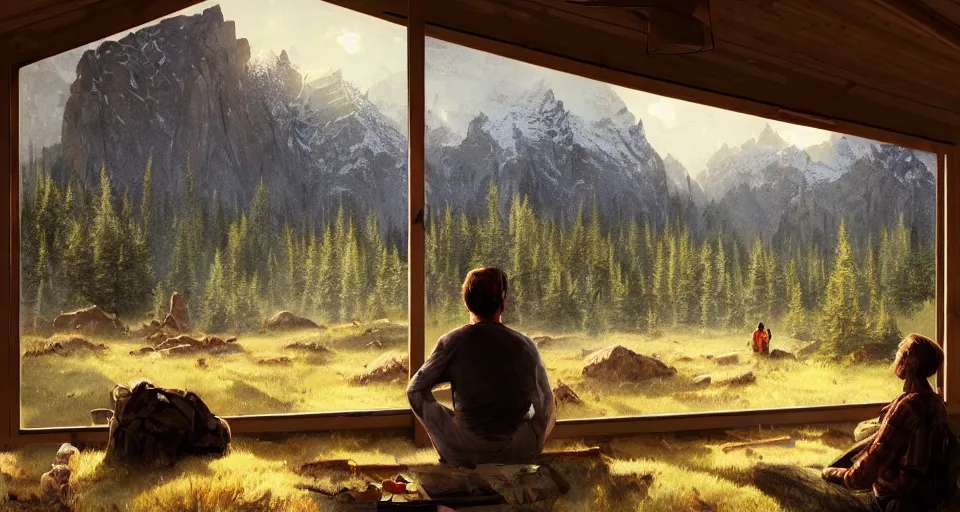 Image similar to cabela's beautiful comfortable modular insulated container home wall kit - house all weather family dwelling tent house, person in foreground, mountainous forested wilderness open fields, beautiful views, painterly concept art, environmental concept art, concept art illustration, by james gurney, by craig mullins, by greg rutkowski trending on artstation