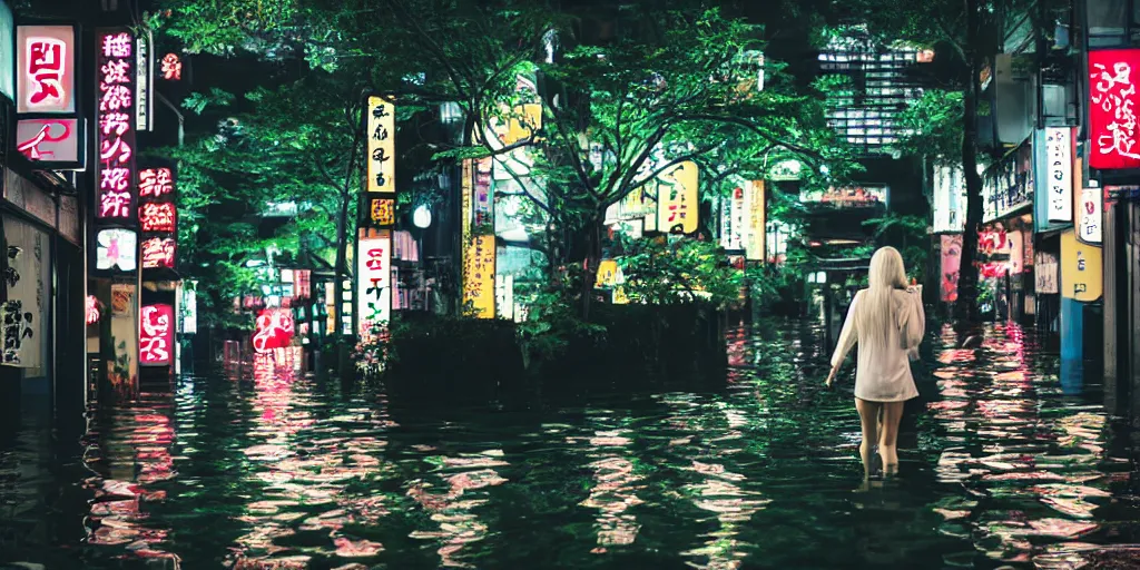 Prompt: white haired girl walking in a vibrant flooded tokyo at night, rainy day, neon lights lots of trees, dense vegetation,,, volumetric lighting, exposure ambient lighting, blooming flowers,, cinematic, subtle, vibrant colors, photo,