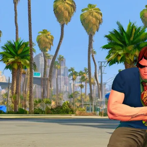 Prompt: Conan O’Brian in GTA V. Los Santos in the background, palm trees. In the art style of Stephen Bliss