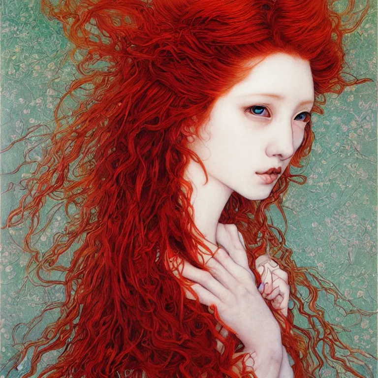 Prompt: portrait of a young red haired woman painted by ayami kojima