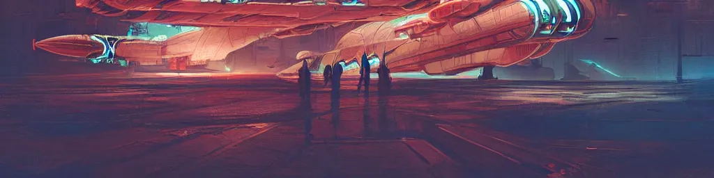 Image similar to concept art, retro - futurist steampunk pilot, airship hangar, imperious, octane render, artstation, dramatic neon lighting, glowing imperial motifs, eerie, mysterious, red turquoise accents, bladerunner, by gerald brom, james jean, syd mead, akihiko yoshida, cinematic