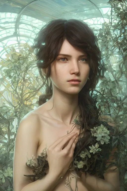 Prompt: beautiful and enigmatic ai held captive in a remote research facility. vulnerability and innocence, ultra realistic, sharp details, subsurface scattering, intricate details, warm lighting, beautiful features, highly detailed, photorealistic, octane render, 8 k, unreal engine, art by artgerm and greg rutkowski and alphonse mucha
