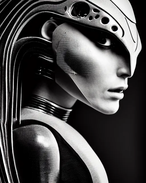 Image similar to a profile portrait, a stunning young woman - cyborg with a mutant crow head, editorial photography, bw, by roman sustov, by hr giger, shot on 7 0 mm, depth of field, f / 2. 8, high contrast, 1 6 k, volumetric lighting, shiny, insanely detailed and intricate, hypermaximalist, elegant, ornate