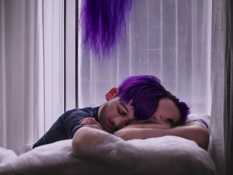 Image similar to man sleeping with a boy with purple hair and cat ears standing in window, dark lighting