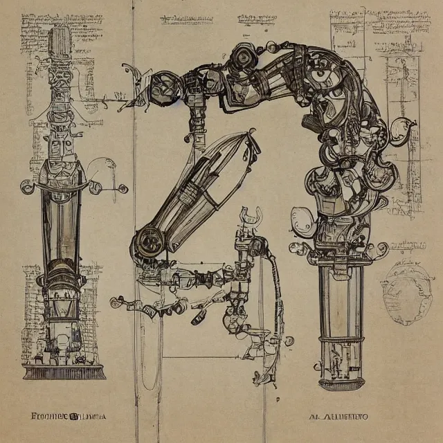 Prompt: detailed, intricate technical drawings on parchment from 1 8 4 0, with labels and notes, for a beautiful, symmetric, art nouveau robotic arm holding a paintbrush, by ron cobb and alphonse mucha