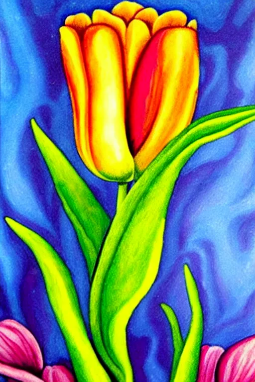 Prompt: a colorful painting of a side view of a tulip in with roots going deep into the ground in the stale of frida kahlo with the colors of mexico