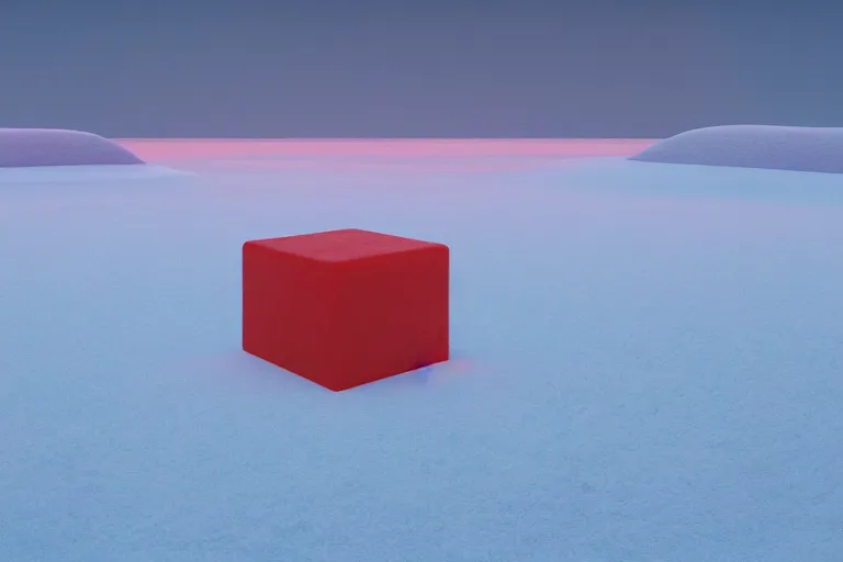 Image similar to a hd render of a surreal frozen landscape, cinematic lighting, by beeple and zdzisław beksinski, hovering red cube