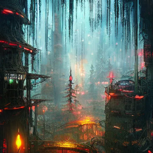 Image similar to a city high in a fairy tale forest in the style of cyberpunk in the style of dark fantasy art Trending on artstation DeviantArt Pinterest Photorealistic HD 8k highlights and shadow detailed High Resolution