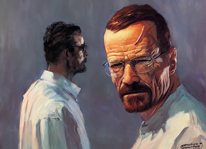 Image similar to a highly detailed beautiful portrait of walter white as superman, by gregory manchess, james gurney, james jean