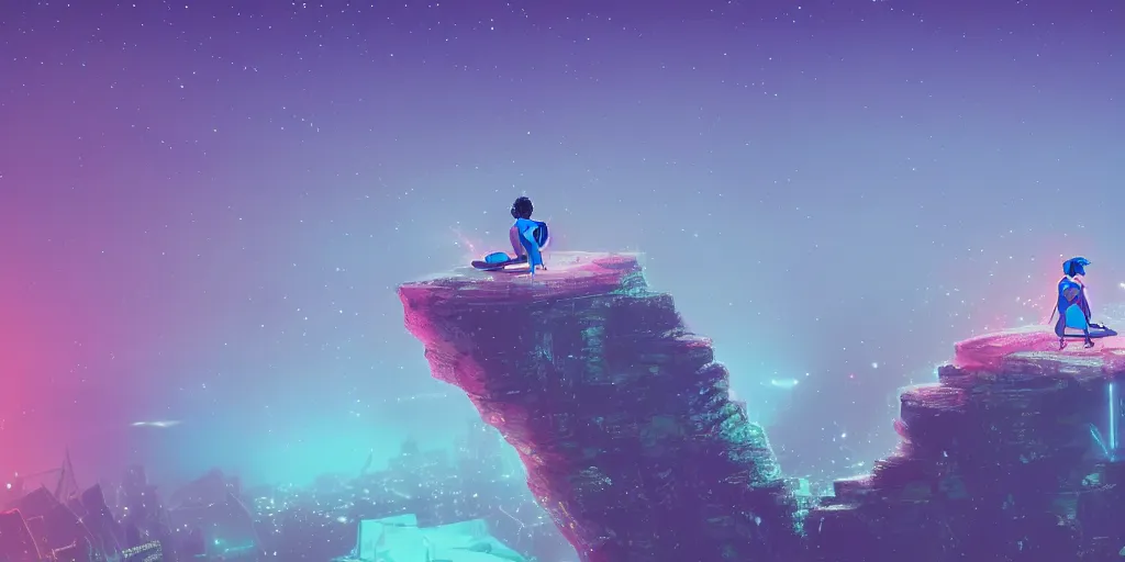 Prompt: small blue pixie on a cliff looking to a synthwave city, stars, long exposure, 4k, Cel shaded, concept art