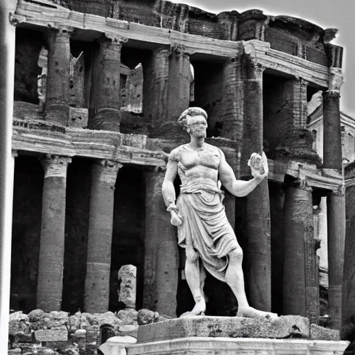 Prompt: Recovered photo of actual living julius caesar taken in front of the roman forum. He looks tired but is giving thumbs up. Sepia.