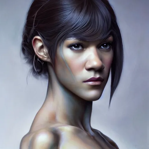 Image similar to body shot of zendaya ghost in the shell, intricate, elegant, highly detailed, centered, digital painting, artstation, concept art, smooth, sharp focus, illustration, artgerm, tomasz alen kopera, peter mohrbacher, donato giancola, joseph christian leyendecker, wlop, boris vallejo