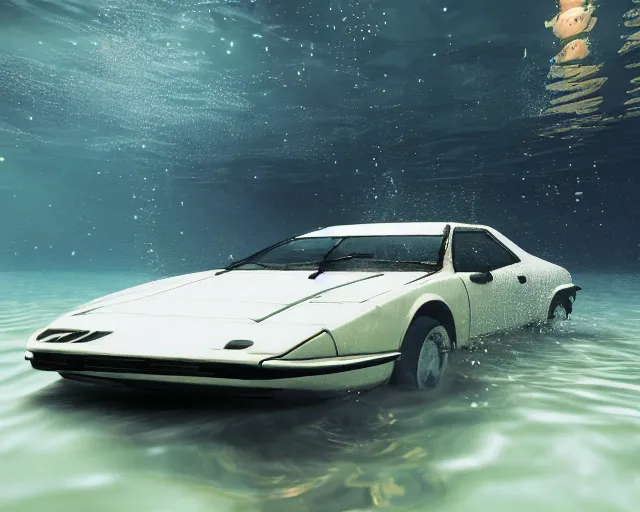 Image similar to white lotus esprit submerged under water, cinematic, photoreal, by red dead redemption 2