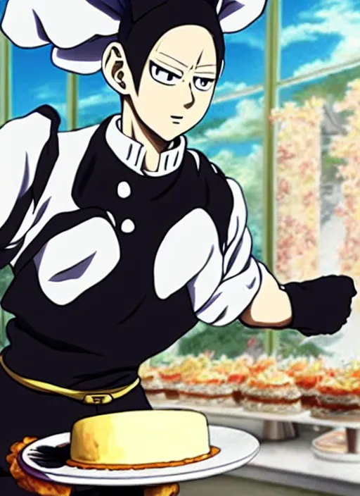 Image similar to chef saitama one punch man, dressed as a pastry chef, focused at making a cake, beautiful anime artwork