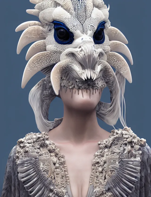 Image similar to 3 d goddess close - up 3 / 4 portrait with ram skull. beautiful intricately detailed japanese crow kitsune mask and clasical japanese kimono. betta fish, jellyfish phoenix, bio luminescent, plasma, ice, water, wind, creature, artwork by tooth wu and wlop and beeple and greg rutkowski