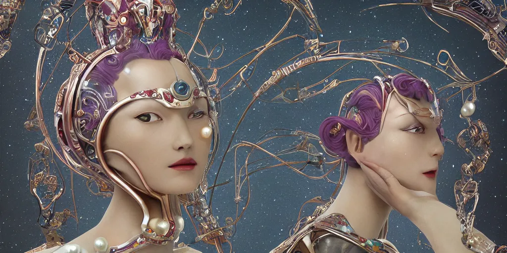 Image similar to a incredible elegant hollow bionic art nouveau alien galaxy japanese pearl queen superheroes, mithras, with ornate jewelled, sci - fi, high - tech, the met museum, streamlined, futuristic, spot lighting, led, photorealistic, high detailed, concept art, exquisite aristocratic, industrial factory by leonardo da vinci rendered in octane 8 k